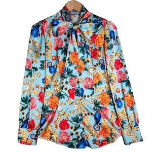 Hawes & Curtis Floral Satin Pussybow Fitted Blouse UK 8/US 4 Maximalist All Over